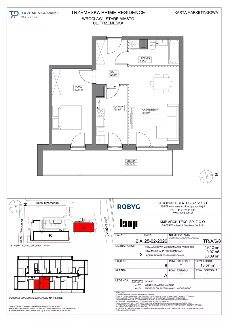 2 pokoje, mieszkanie 49,12 m², piętro 6, oferta nr TR/A/6/8, Trzemeska Prime Residence, Wrocław, Stare Miasto, ul. Trzemeska