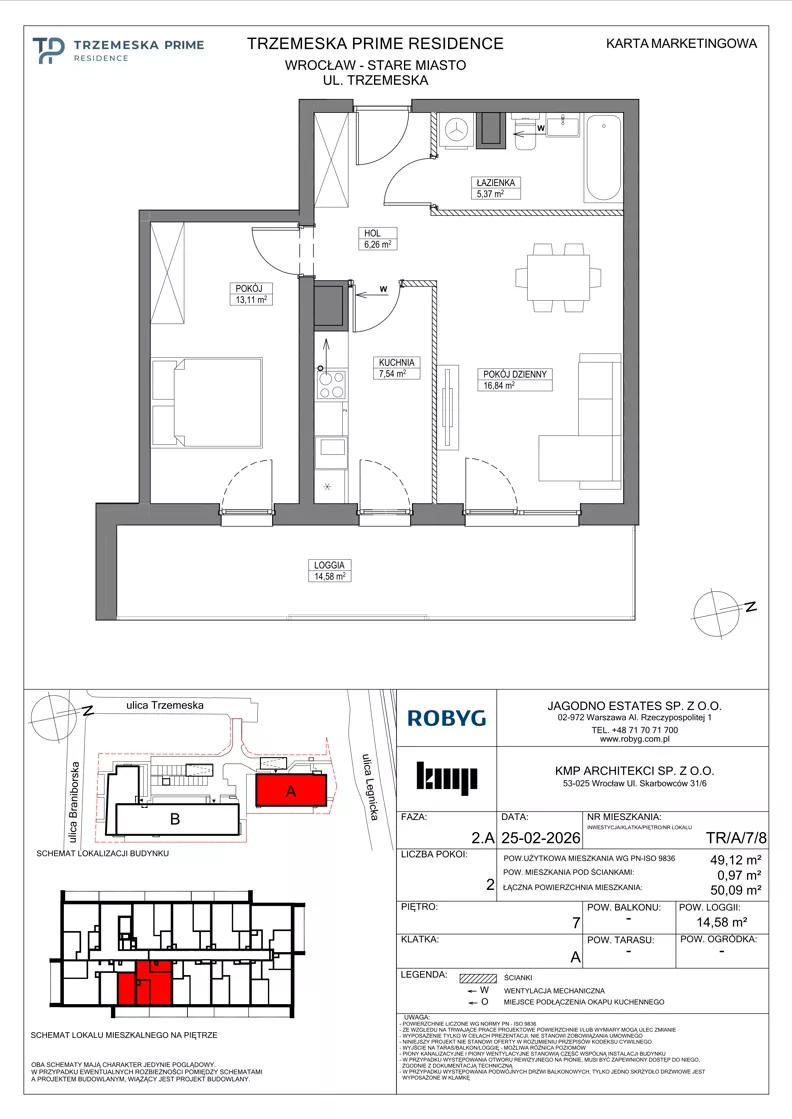 2 pokoje, mieszkanie 49,12 m², piętro 7, oferta nr TR/A/7/8, Trzemeska Prime Residence, Wrocław, Stare Miasto, ul. Trzemeska