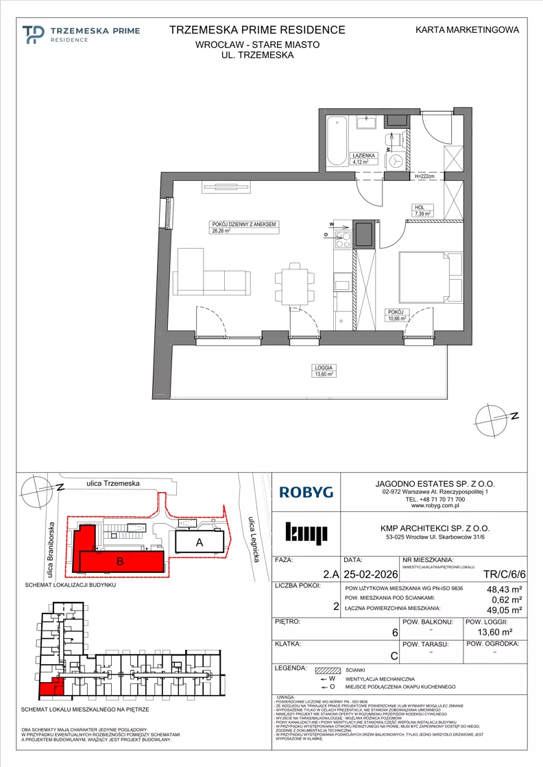 2 pokoje, mieszkanie 48,43 m², piętro 6, oferta nr TR/C/6/6, Trzemeska Prime Residence, Wrocław, Stare Miasto, ul. Trzemeska