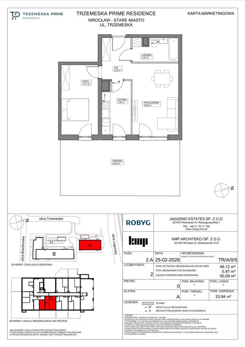 2 pokoje, mieszkanie 49,12 m², parter, oferta nr TR/A/0/5, Trzemeska Prime Residence, Wrocław, Stare Miasto, ul. Trzemeska