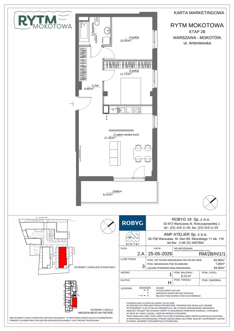 3 pokoje, mieszkanie 62,90 m², piętro 1, oferta nr RM/2B/H/1/1, Rytm Mokotowa 2B, Warszawa, Mokotów, Augustówka, ul. Antoniewska/Kaloryczna