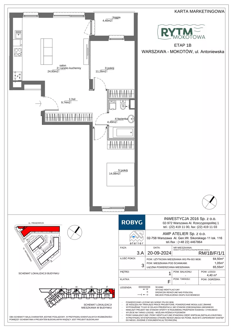 3 pokoje, mieszkanie 64,50 m², piętro 1, oferta nr RM/1B/F/1/1, Rytm Mokotowa 1B, Warszawa, Mokotów, Augustówka, ul. Antoniewska / Piramowicza
