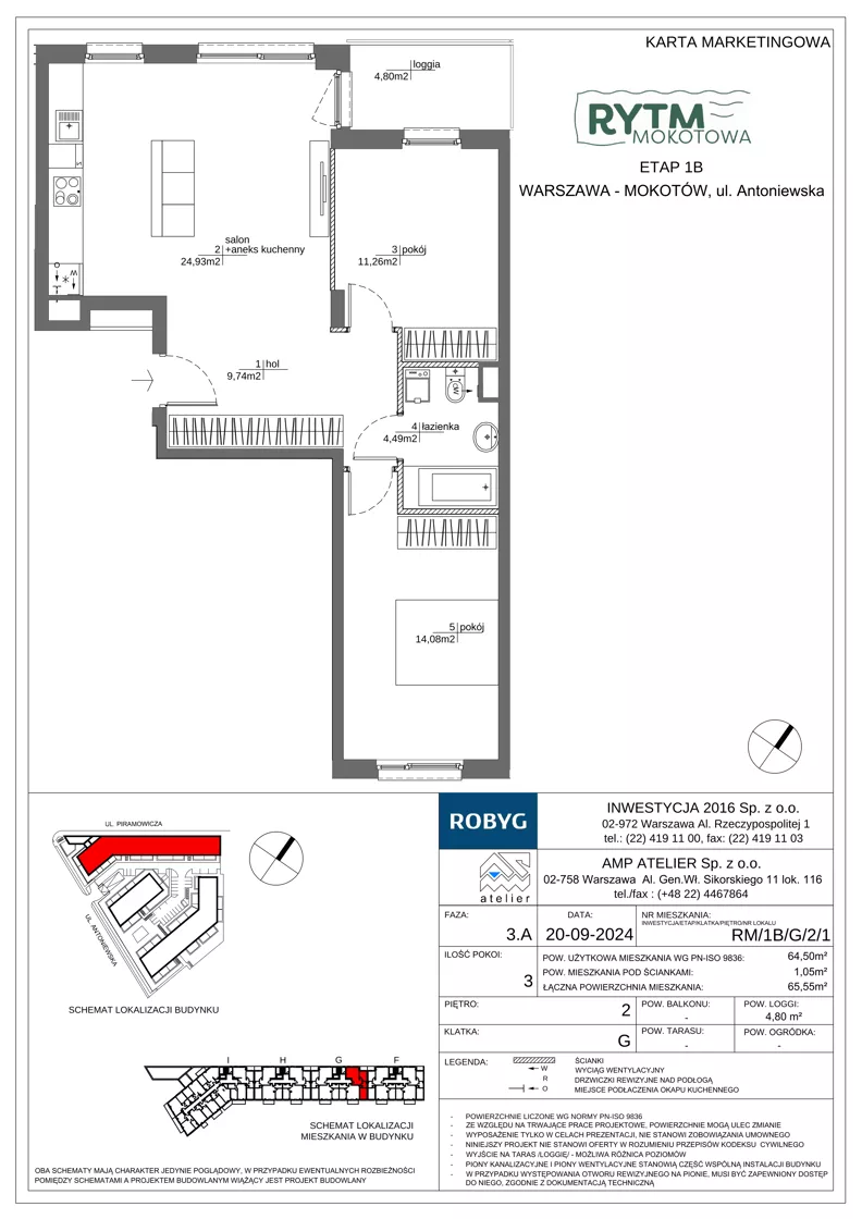 3 pokoje, mieszkanie 64,50 m², piętro 2, oferta nr RM/1B/G/2/1, Rytm Mokotowa 1B, Warszawa, Mokotów, Augustówka, ul. Antoniewska / Piramowicza