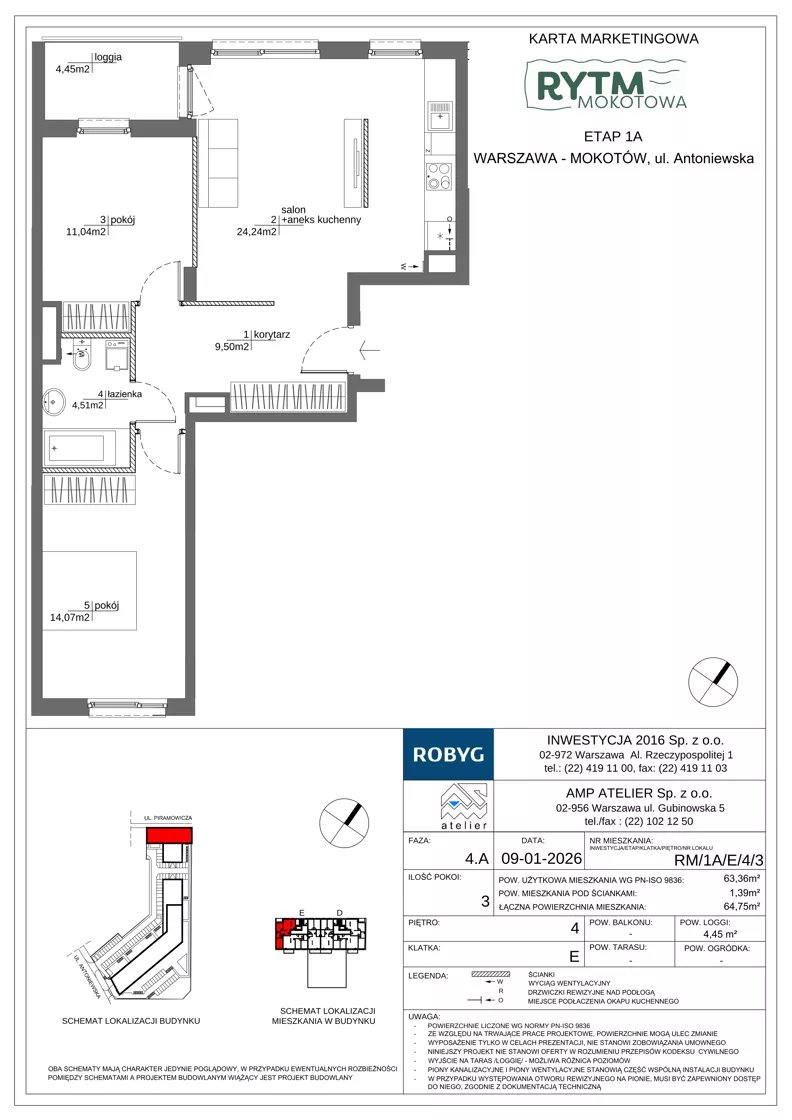 3 pokoje, mieszkanie 63,36 m², piętro 4, oferta nr RM/1A/E/4/3, Rytm Mokotowa, Warszawa, Mokotów, Augustówka, ul. Antoniewska / Piramowicza