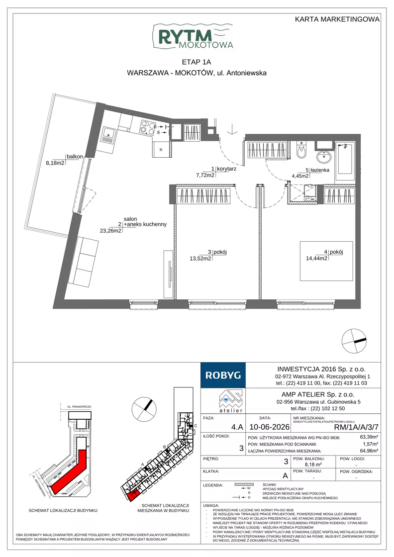 3 pokoje, mieszkanie 63,39 m², piętro 3, oferta nr RM/1A/A/3/7, Rytm Mokotowa, Warszawa, Mokotów, Augustówka, ul. Antoniewska / Piramowicza