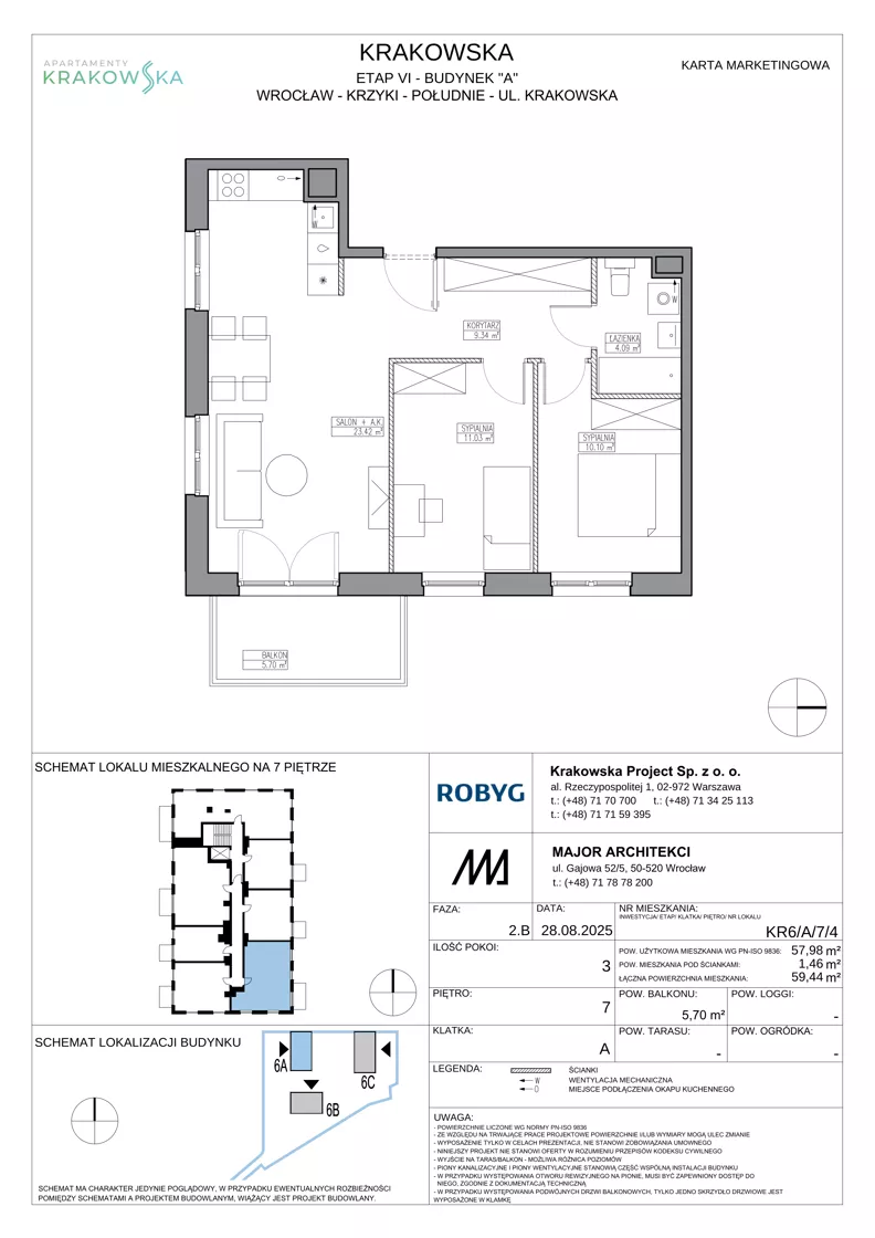 3 pokoje, mieszkanie 57,98 m², piętro 7, oferta nr KR6/A/7/4, Apartamenty Krakowska 6, Wrocław, Przedmieście Oławskie, Krzyki, ul. Krakowska