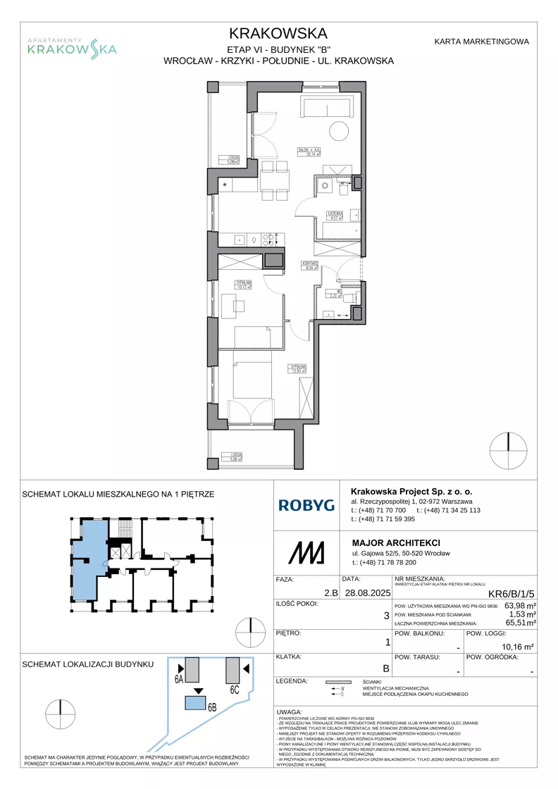 3 pokoje, mieszkanie 63,98 m², piętro 1, oferta nr KR6/B/1/5, Apartamenty Krakowska 6, Wrocław, Przedmieście Oławskie, Krzyki, ul. Krakowska