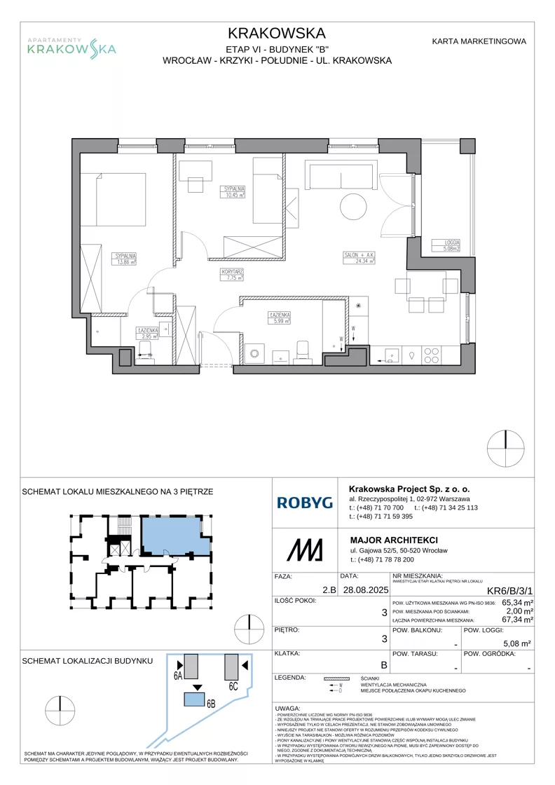 3 pokoje, mieszkanie 65,34 m², piętro 3, oferta nr KR6/B/3/1, Apartamenty Krakowska 6, Wrocław, Przedmieście Oławskie, Krzyki, ul. Krakowska