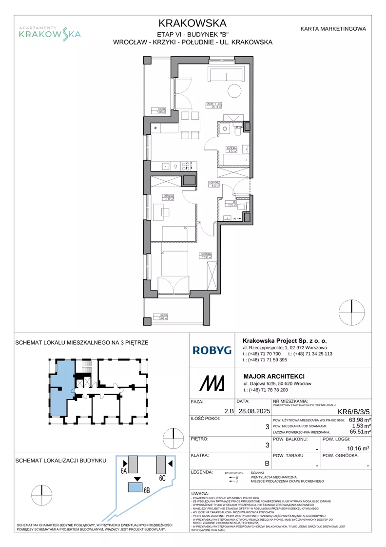 3 pokoje, mieszkanie 63,98 m², piętro 3, oferta nr KR6/B/3/5, Apartamenty Krakowska 6, Wrocław, Przedmieście Oławskie, Krzyki, ul. Krakowska