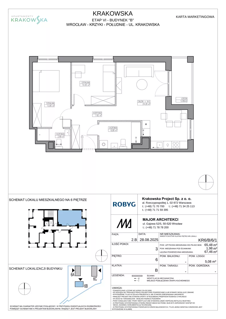 3 pokoje, mieszkanie 65,48 m², piętro 6, oferta nr KR6/B/6/1, Apartamenty Krakowska 6, Wrocław, Przedmieście Oławskie, Krzyki, ul. Krakowska