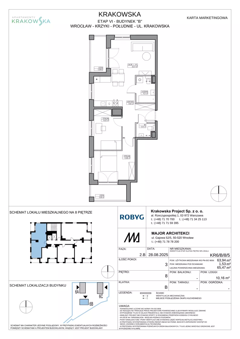 3 pokoje, mieszkanie 63,94 m², piętro 8, oferta nr KR6/B/8/5, Apartamenty Krakowska 6, Wrocław, Przedmieście Oławskie, Krzyki, ul. Krakowska