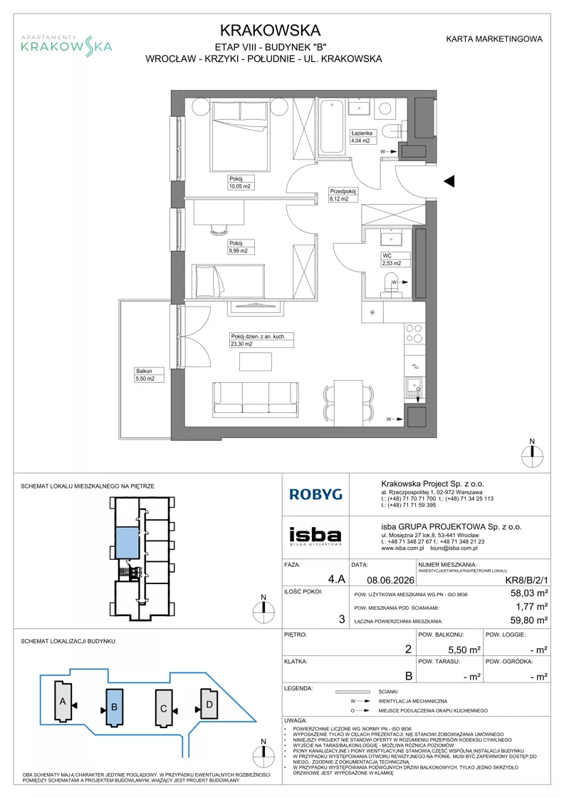3 pokoje, mieszkanie 58,03 m², piętro 2, oferta nr KR8/B/2/1, Apartamenty Krakowska 8, Wrocław, Przedmieście Oławskie, Krzyki, ul. Krakowska