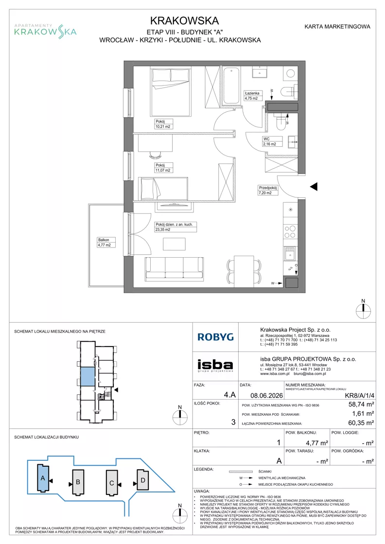 3 pokoje, mieszkanie 58,74 m², piętro 1, oferta nr KR8/A/1/4, Apartamenty Krakowska 8, Wrocław, Przedmieście Oławskie, Krzyki, ul. Krakowska