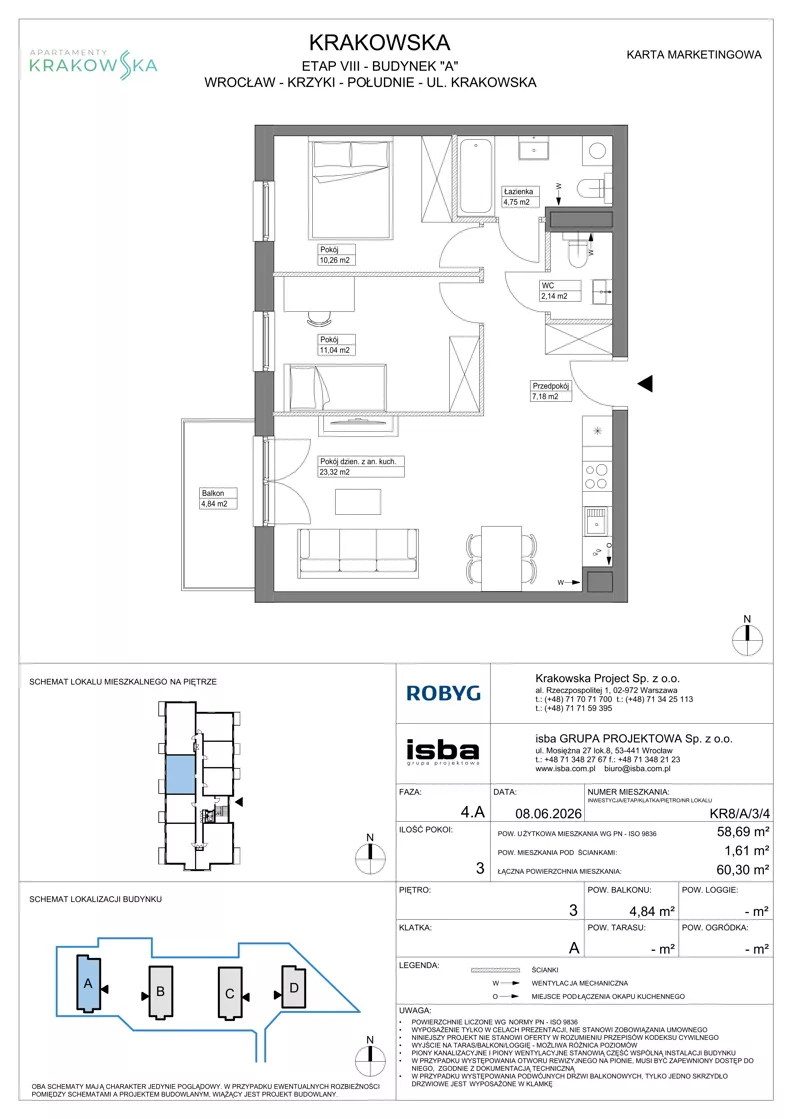 3 pokoje, mieszkanie 58,69 m², piętro 3, oferta nr KR8/A/3/4, Apartamenty Krakowska 8, Wrocław, Przedmieście Oławskie, Krzyki, ul. Krakowska