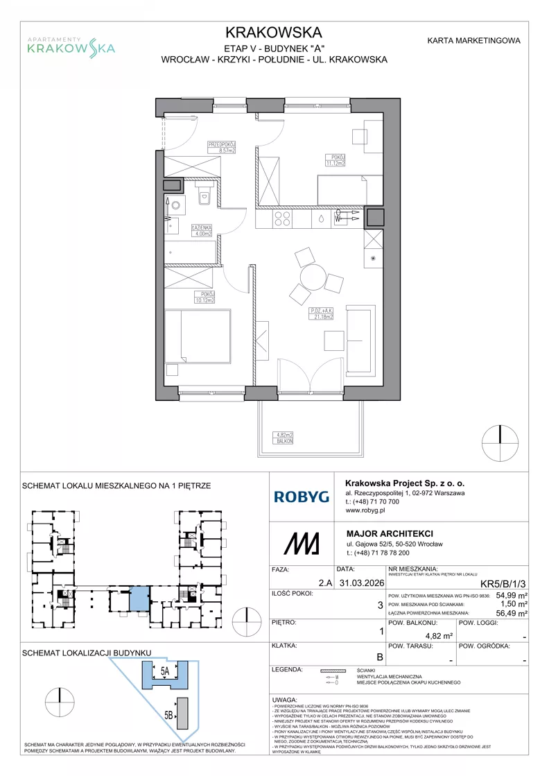3 pokoje, mieszkanie 54,99 m², piętro 1, oferta nr KR5/B/1/3, Apartamenty Krakowska 5, Wrocław, Przedmieście Oławskie, Krzyki, ul. Krakowska