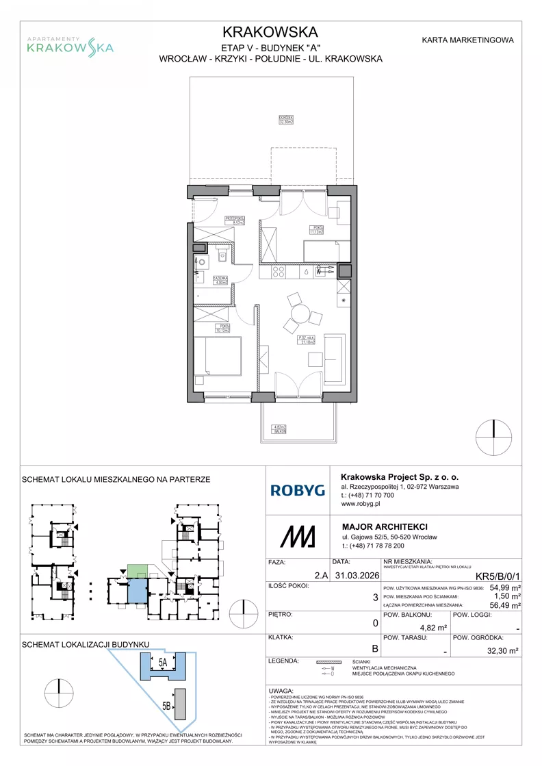 3 pokoje, mieszkanie 54,99 m², parter, oferta nr KR5/B/0/1, Apartamenty Krakowska 5, Wrocław, Przedmieście Oławskie, Krzyki, ul. Krakowska