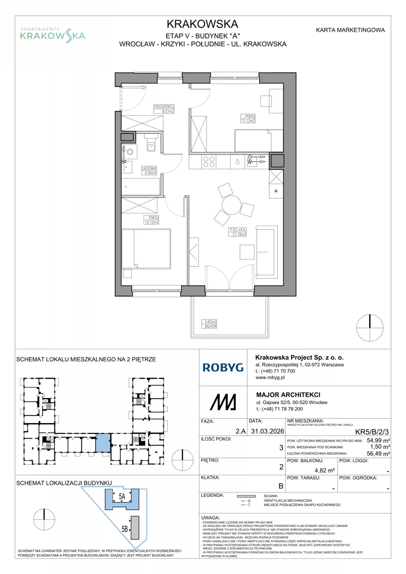 3 pokoje, mieszkanie 54,99 m², piętro 2, oferta nr KR5/B/2/3, Apartamenty Krakowska 5, Wrocław, Przedmieście Oławskie, Krzyki, ul. Krakowska