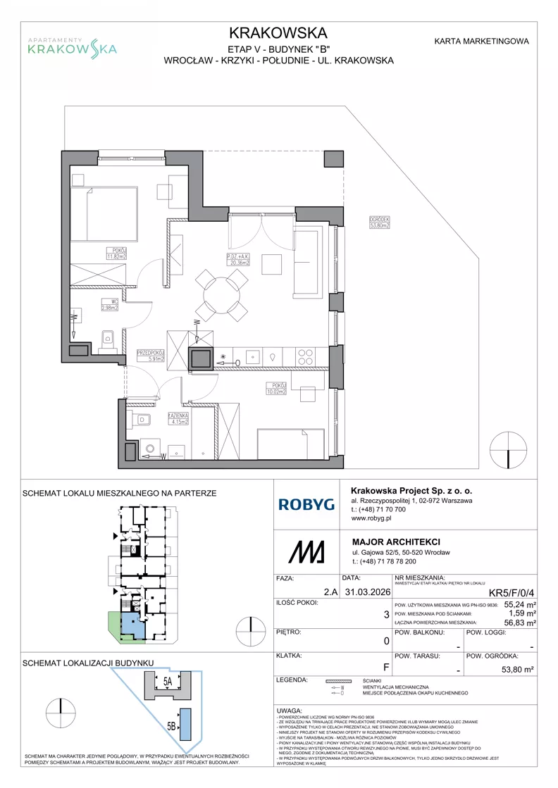 3 pokoje, mieszkanie 55,24 m², parter, oferta nr KR5/F/0/4, Apartamenty Krakowska 5, Wrocław, Przedmieście Oławskie, Krzyki, ul. Krakowska