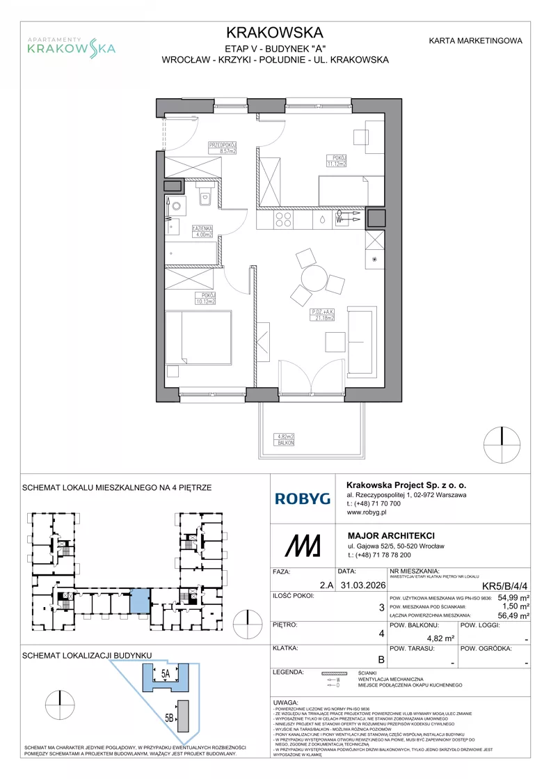 3 pokoje, mieszkanie 54,99 m², piętro 4, oferta nr KR5/B/4/4, Apartamenty Krakowska 5, Wrocław, Przedmieście Oławskie, Krzyki, ul. Krakowska