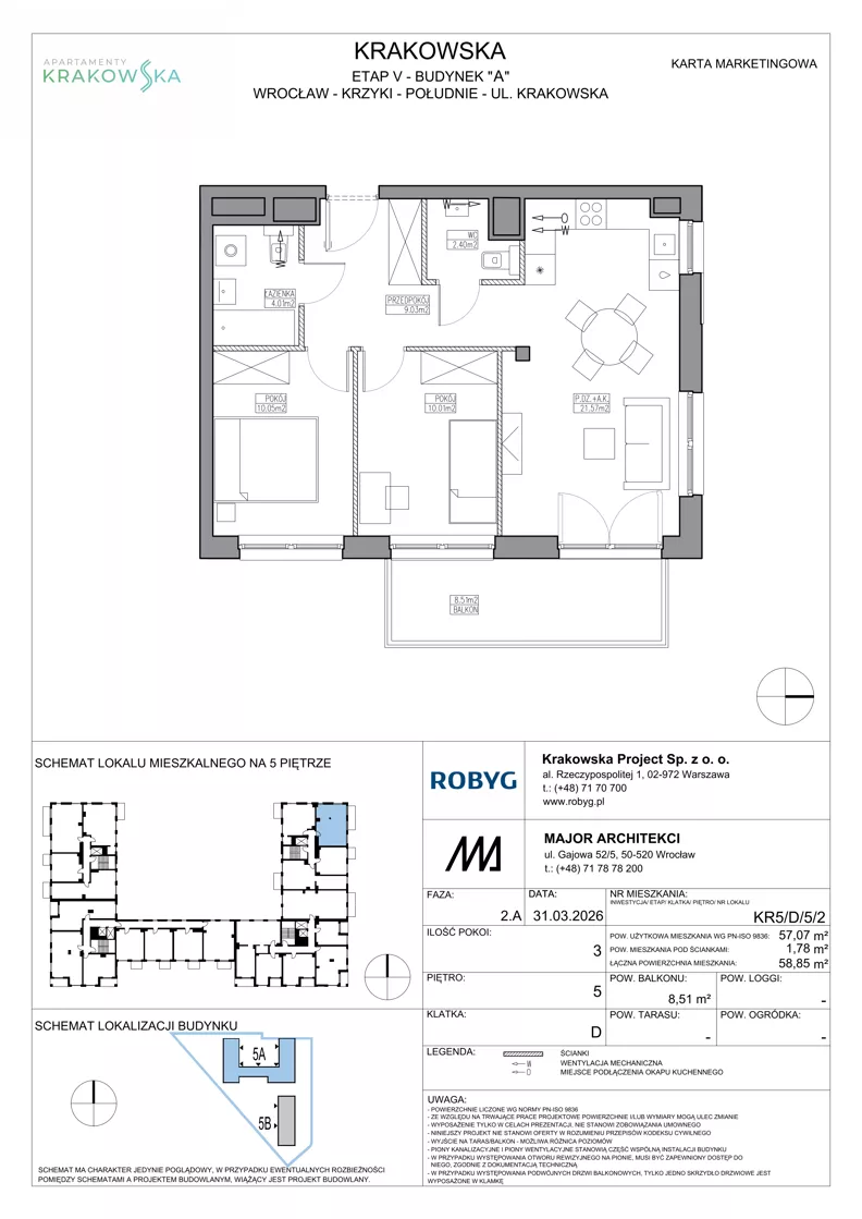 3 pokoje, mieszkanie 57,07 m², piętro 5, oferta nr KR5/D/5/2, Apartamenty Krakowska 5, Wrocław, Przedmieście Oławskie, Krzyki, ul. Krakowska