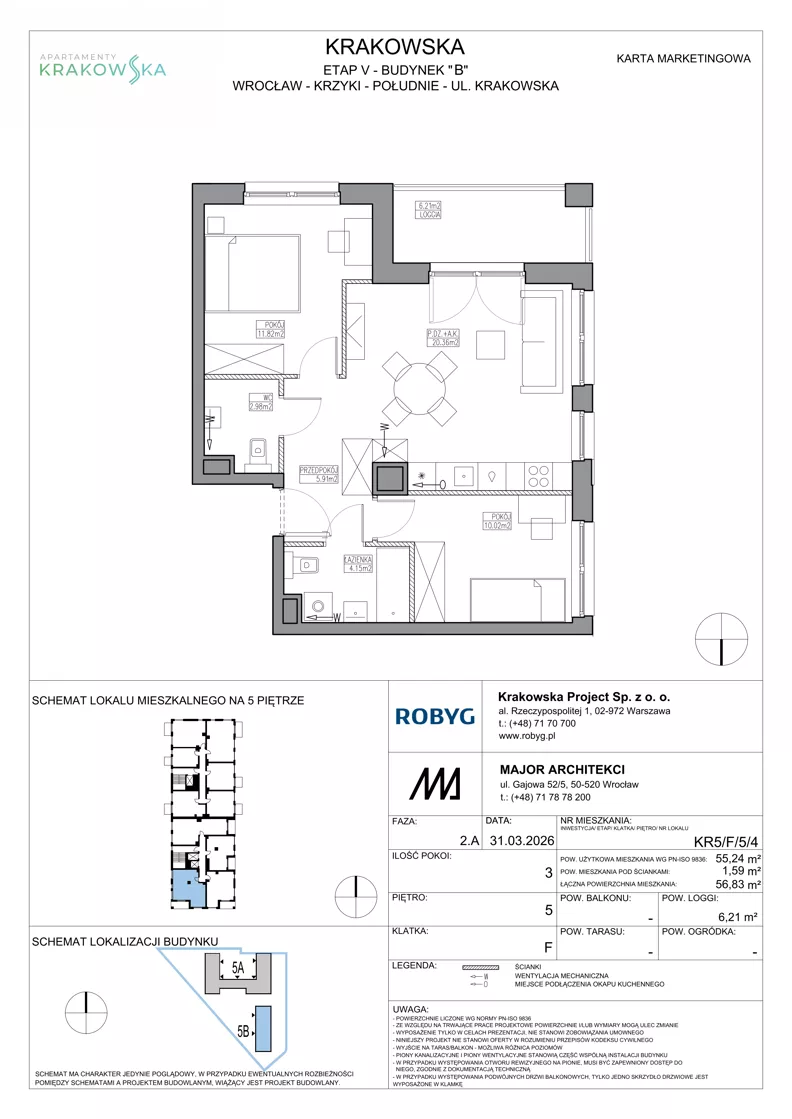 3 pokoje, mieszkanie 55,24 m², piętro 5, oferta nr KR5/F/5/4, Apartamenty Krakowska 5, Wrocław, Przedmieście Oławskie, Krzyki, ul. Krakowska