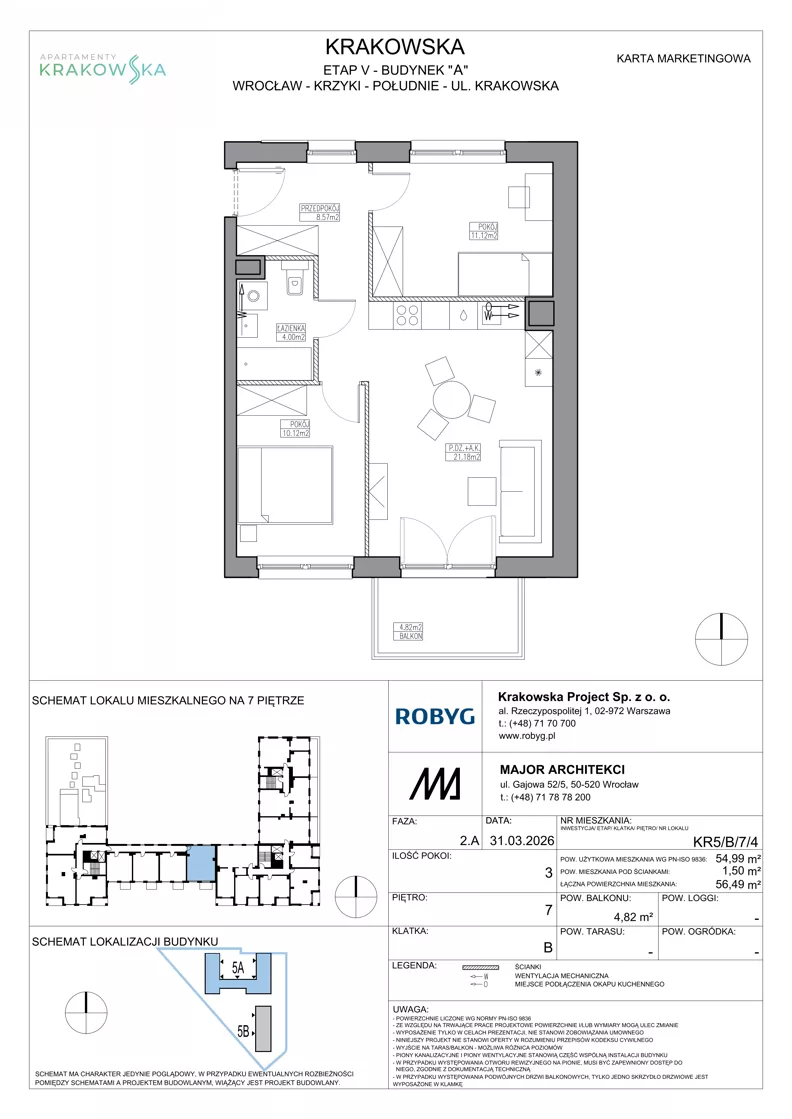 3 pokoje, mieszkanie 54,99 m², piętro 7, oferta nr KR5/B/7/4, Apartamenty Krakowska 5, Wrocław, Przedmieście Oławskie, Krzyki, ul. Krakowska