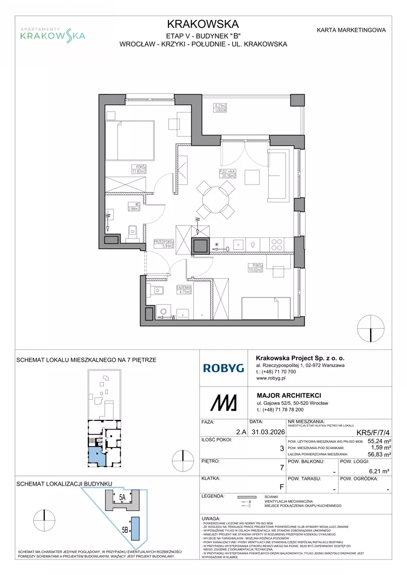 3 pokoje, mieszkanie 55,24 m², piętro 7, oferta nr KR5/F/7/4, Apartamenty Krakowska 5, Wrocław, Przedmieście Oławskie, Krzyki, ul. Krakowska
