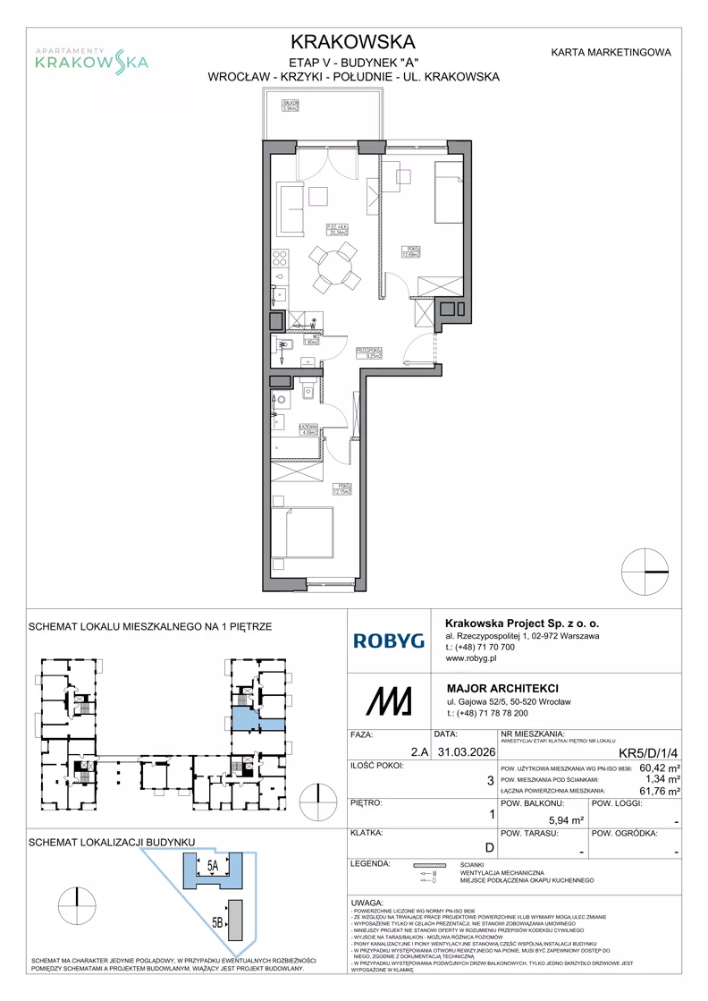 3 pokoje, mieszkanie 60,42 m², piętro 1, oferta nr KR5/D/1/4, Apartamenty Krakowska 5, Wrocław, Przedmieście Oławskie, Krzyki, ul. Krakowska