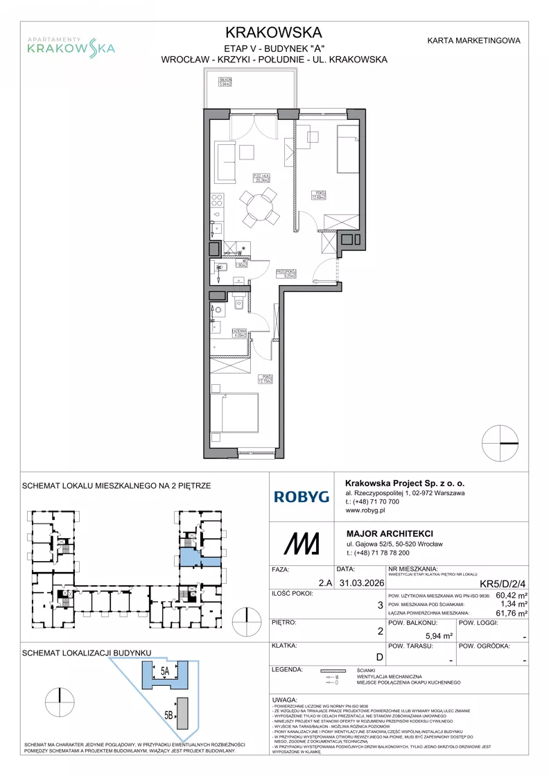 3 pokoje, mieszkanie 60,42 m², piętro 2, oferta nr KR5/D/2/4, Apartamenty Krakowska 5, Wrocław, Przedmieście Oławskie, Krzyki, ul. Krakowska