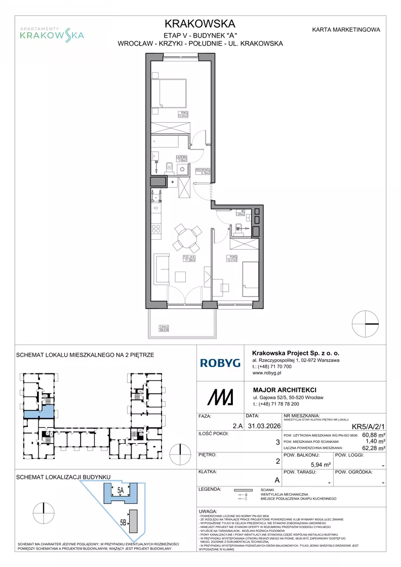 3 pokoje, mieszkanie 60,88 m², piętro 2, oferta nr KR5/A/2/1, Apartamenty Krakowska 5, Wrocław, Przedmieście Oławskie, Krzyki, ul. Krakowska