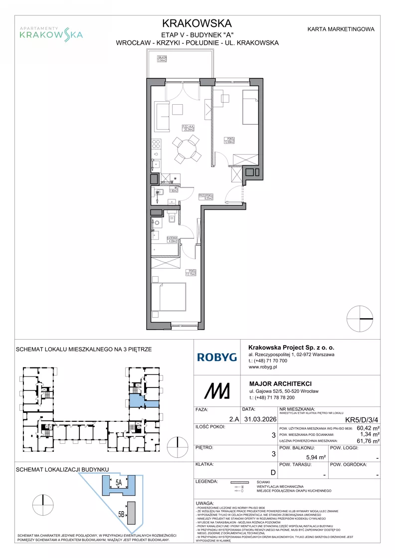 3 pokoje, mieszkanie 60,42 m², piętro 3, oferta nr KR5/D/3/4, Apartamenty Krakowska 5, Wrocław, Przedmieście Oławskie, Krzyki, ul. Krakowska