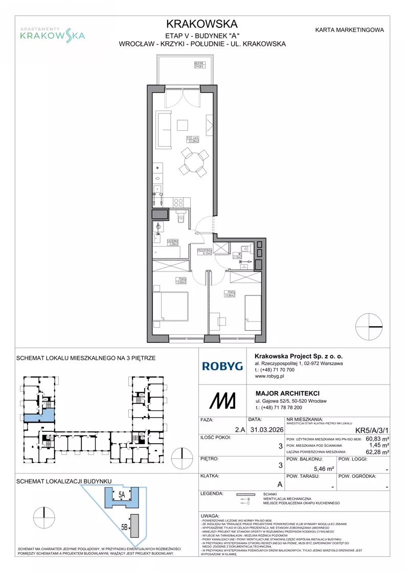 3 pokoje, mieszkanie 60,83 m², piętro 3, oferta nr KR5/A/3/1, Apartamenty Krakowska 5, Wrocław, Przedmieście Oławskie, Krzyki, ul. Krakowska