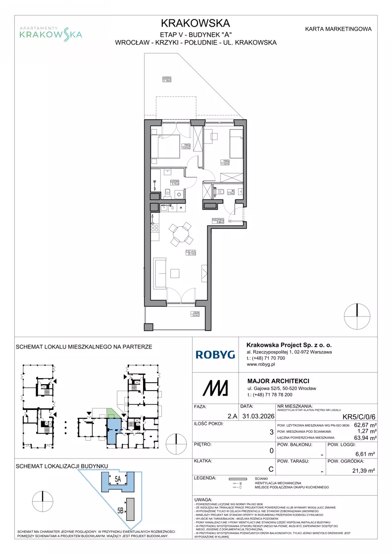 3 pokoje, mieszkanie 62,67 m², parter, oferta nr KR5/C/0/6, Apartamenty Krakowska 5, Wrocław, Przedmieście Oławskie, Krzyki, ul. Krakowska
