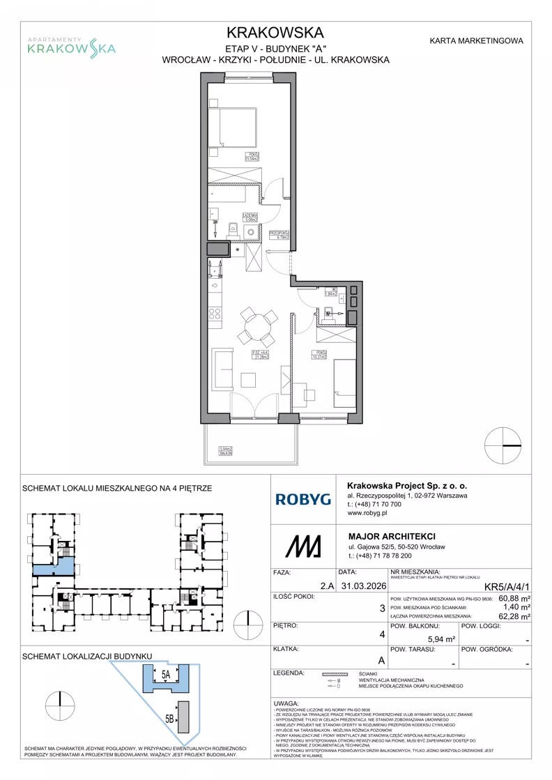 3 pokoje, mieszkanie 60,88 m², piętro 4, oferta nr KR5/A/4/1, Apartamenty Krakowska 5, Wrocław, Przedmieście Oławskie, Krzyki, ul. Krakowska