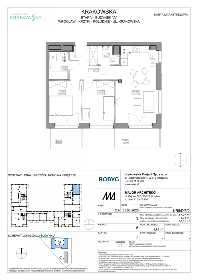 3 pokoje, mieszkanie 57,07 m², piętro 6, oferta nr KR5/D/6/2, Apartamenty Krakowska 5, Wrocław, Przedmieście Oławskie, Krzyki, ul. Krakowska