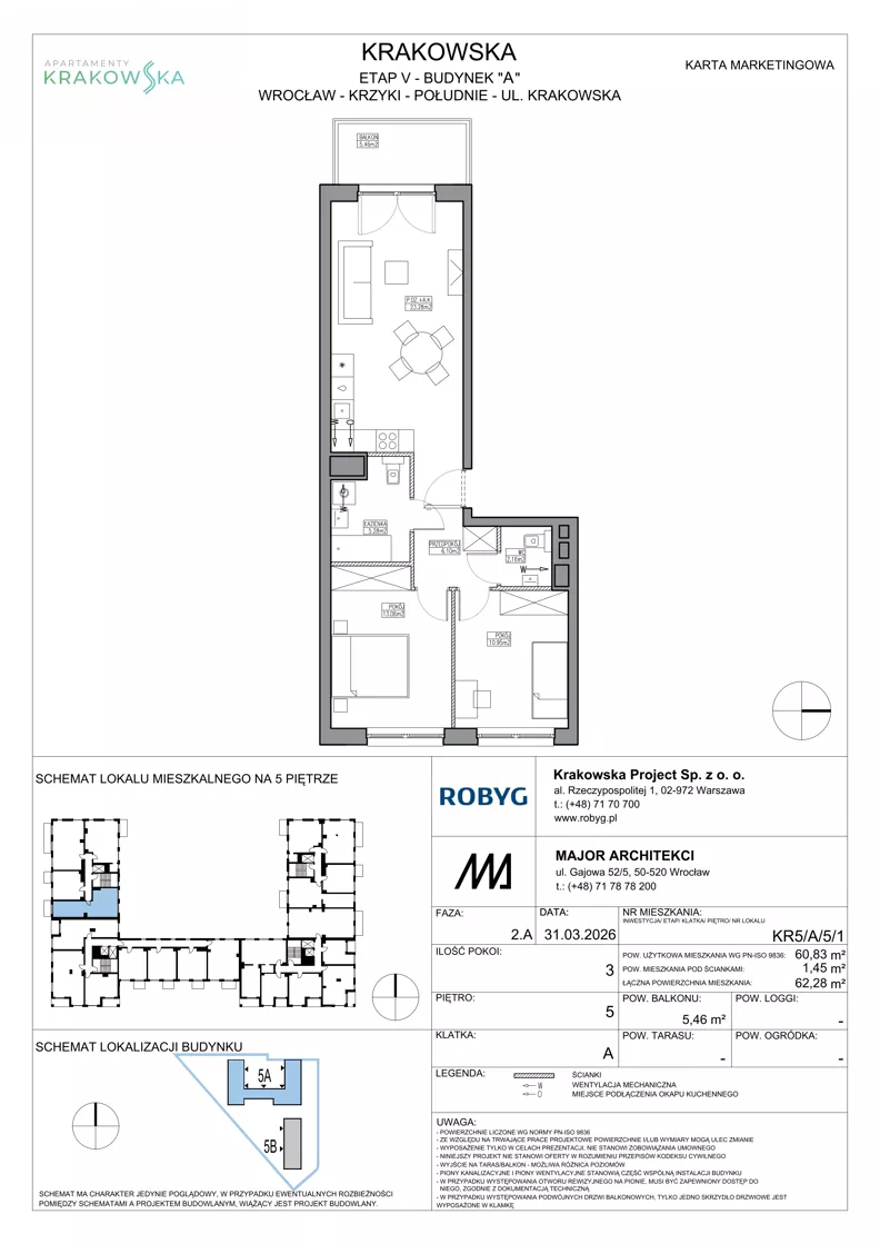 3 pokoje, mieszkanie 60,83 m², piętro 5, oferta nr KR5/A/5/1, Apartamenty Krakowska 5, Wrocław, Przedmieście Oławskie, Krzyki, ul. Krakowska
