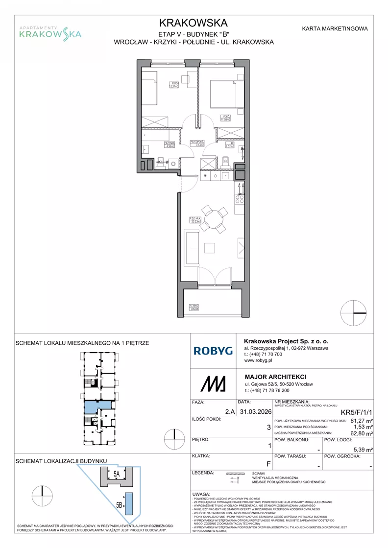 3 pokoje, mieszkanie 61,27 m², piętro 1, oferta nr KR5/F/1/1, Apartamenty Krakowska 5, Wrocław, Przedmieście Oławskie, Krzyki, ul. Krakowska