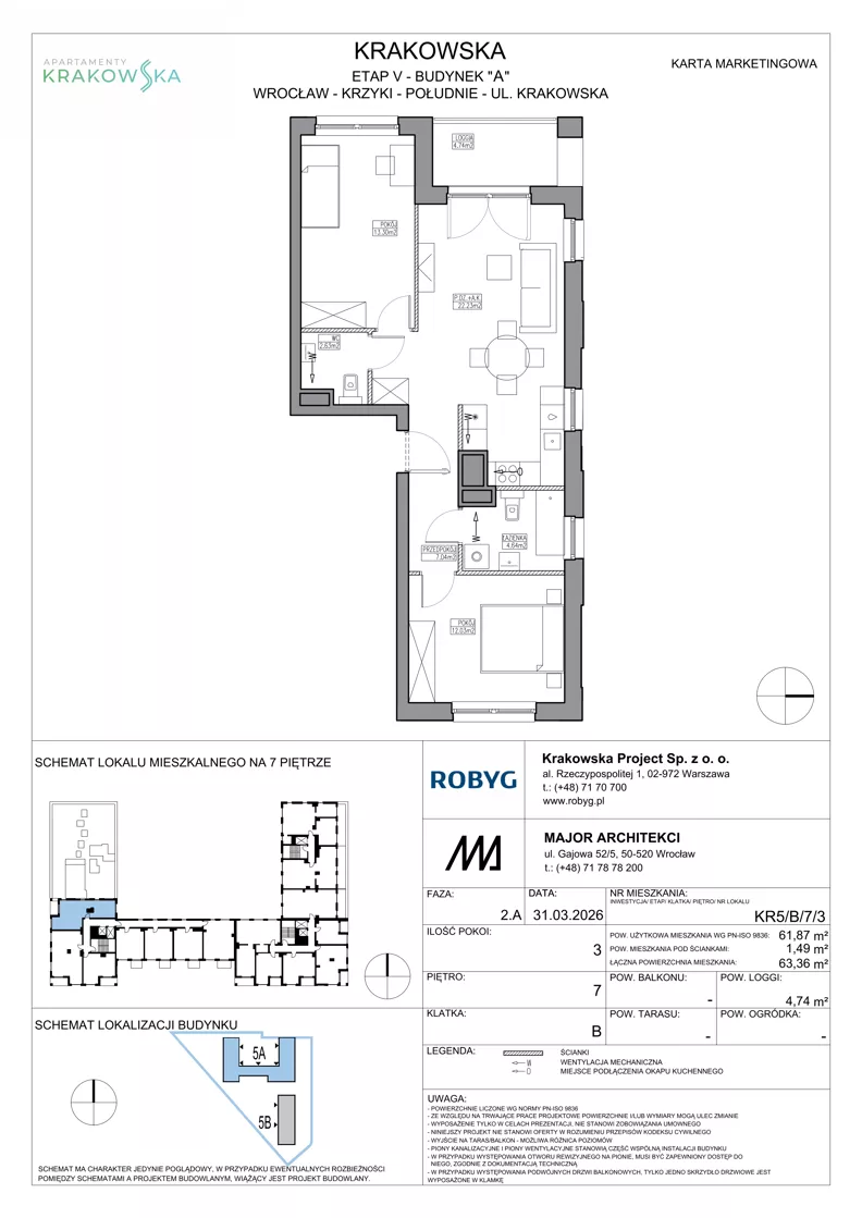 3 pokoje, mieszkanie 61,87 m², piętro 7, oferta nr KR5/B/7/3, Apartamenty Krakowska 5, Wrocław, Przedmieście Oławskie, Krzyki, ul. Krakowska