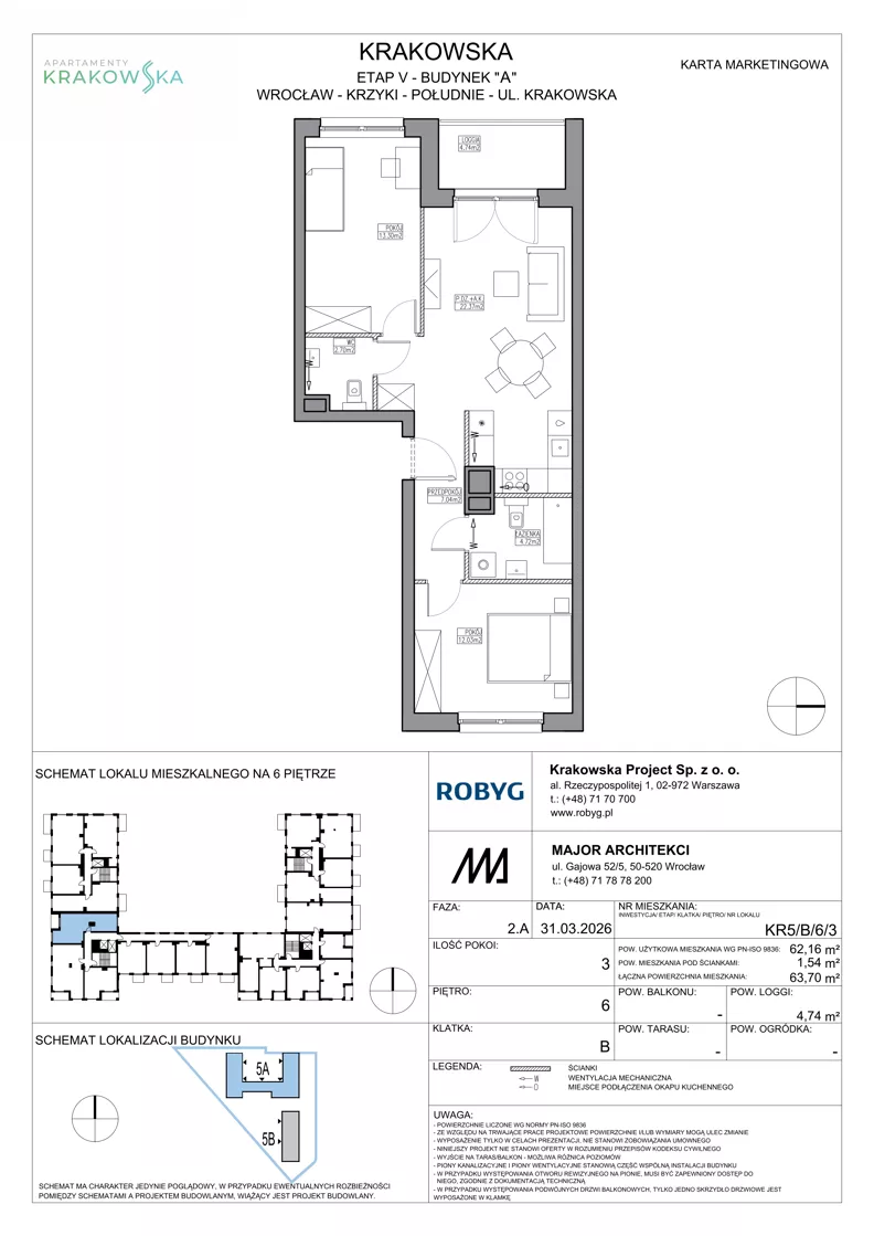 3 pokoje, mieszkanie 62,16 m², piętro 6, oferta nr KR5/B/6/3, Apartamenty Krakowska 5, Wrocław, Przedmieście Oławskie, Krzyki, ul. Krakowska