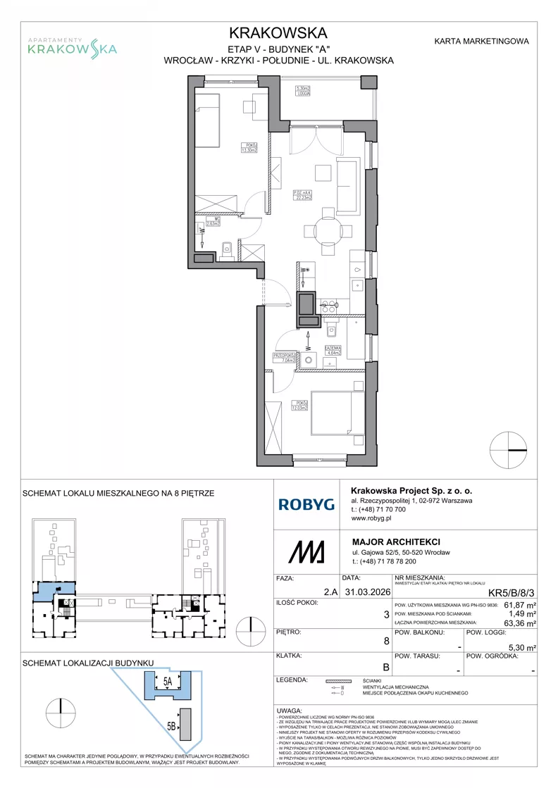 3 pokoje, mieszkanie 61,87 m², piętro 8, oferta nr KR5/B/8/3, Apartamenty Krakowska 5, Wrocław, Przedmieście Oławskie, Krzyki, ul. Krakowska