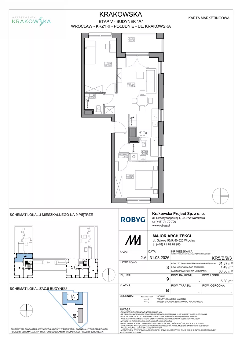 3 pokoje, mieszkanie 61,87 m², piętro 9, oferta nr KR5/B/9/3, Apartamenty Krakowska 5, Wrocław, Przedmieście Oławskie, Krzyki, ul. Krakowska