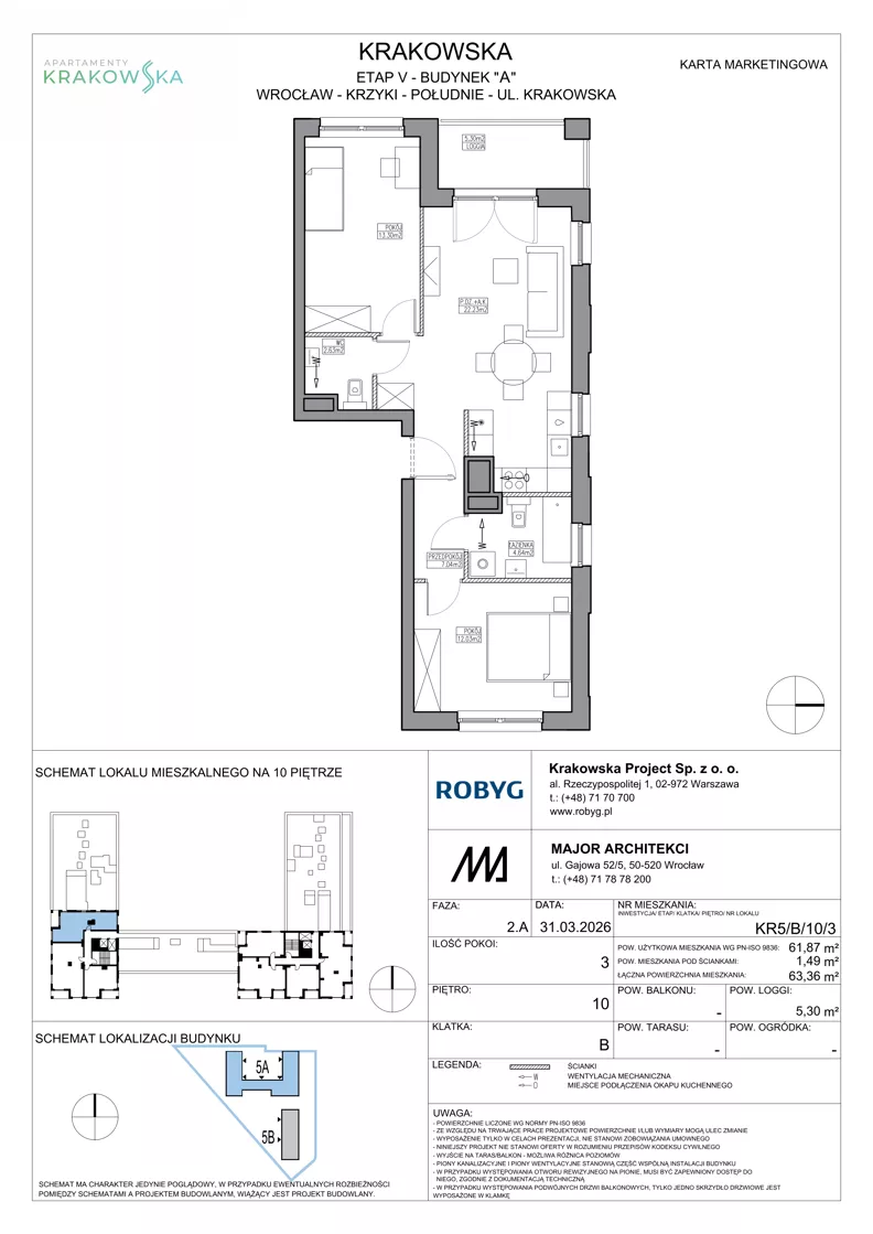 3 pokoje, mieszkanie 61,87 m², piętro 10, oferta nr KR5/B/10/3, Apartamenty Krakowska 5, Wrocław, Przedmieście Oławskie, Krzyki, ul. Krakowska