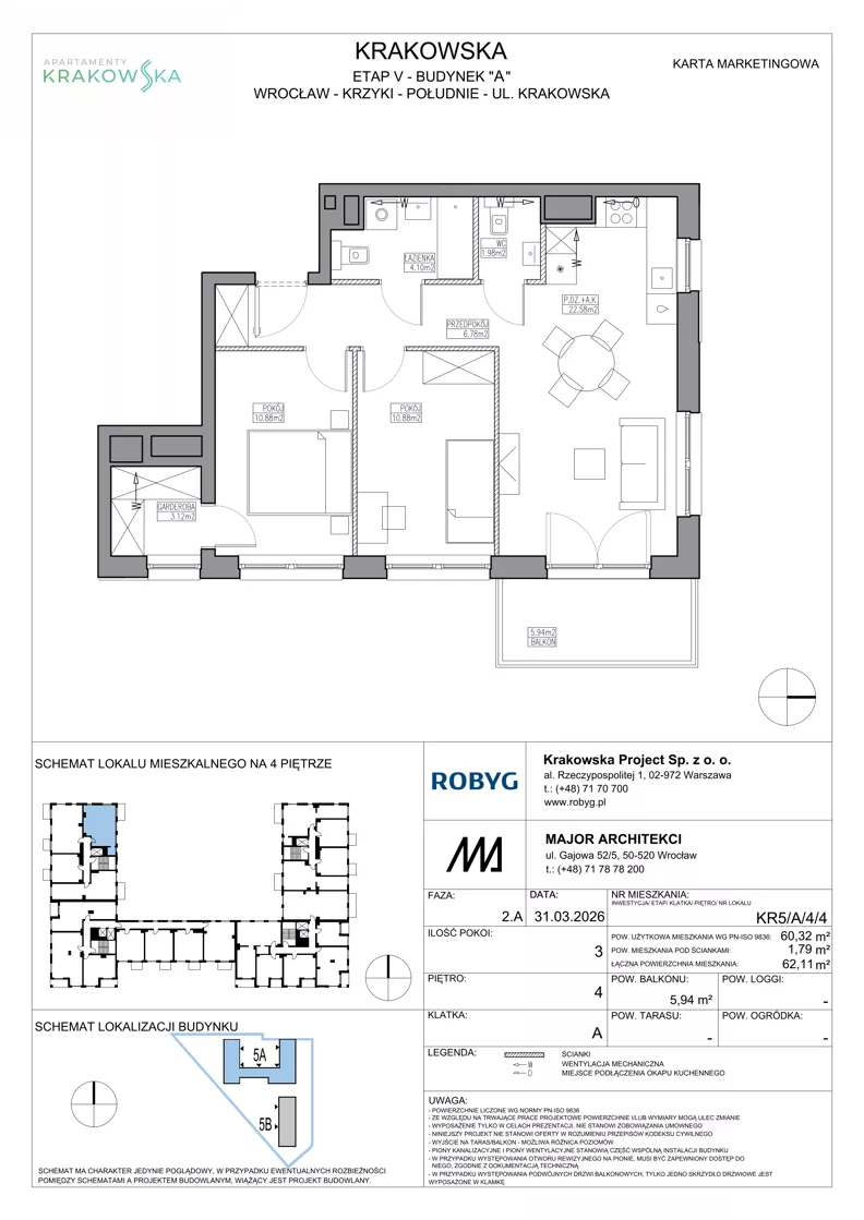 3 pokoje, mieszkanie 60,32 m², piętro 4, oferta nr KR5/A/4/4, Apartamenty Krakowska 5, Wrocław, Przedmieście Oławskie, Krzyki, ul. Krakowska