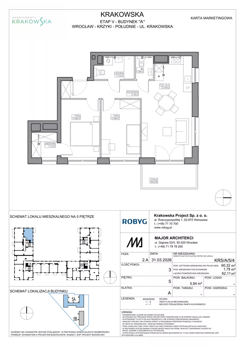 3 pokoje, mieszkanie 60,32 m², piętro 5, oferta nr KR5/A/5/4, Apartamenty Krakowska 5, Wrocław, Przedmieście Oławskie, Krzyki, ul. Krakowska