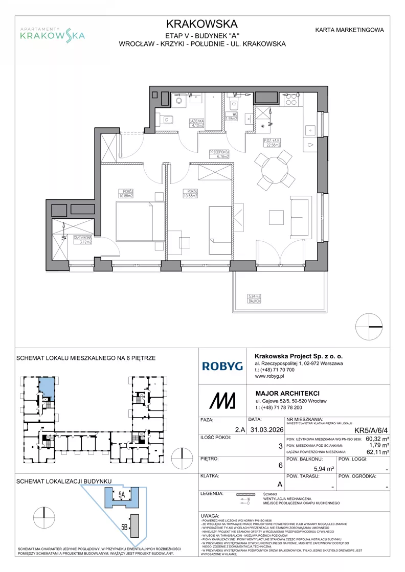 3 pokoje, mieszkanie 60,32 m², piętro 6, oferta nr KR5/A/6/4, Apartamenty Krakowska 5, Wrocław, Przedmieście Oławskie, Krzyki, ul. Krakowska