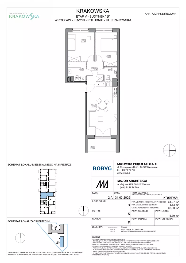 3 pokoje, mieszkanie 61,27 m², piętro 5, oferta nr KR5/F/5/1, Apartamenty Krakowska 5, Wrocław, Przedmieście Oławskie, Krzyki, ul. Krakowska