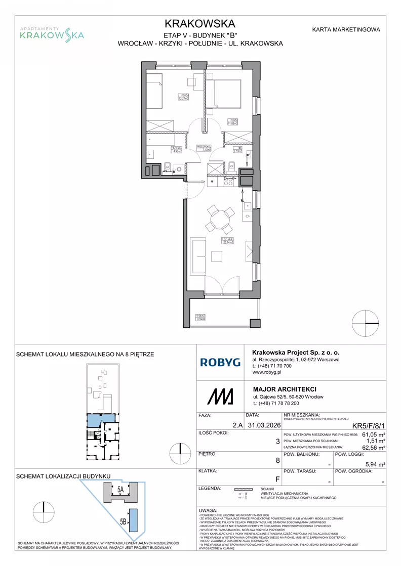 3 pokoje, mieszkanie 61,05 m², piętro 8, oferta nr KR5/F/8/1, Apartamenty Krakowska 5, Wrocław, Przedmieście Oławskie, Krzyki, ul. Krakowska