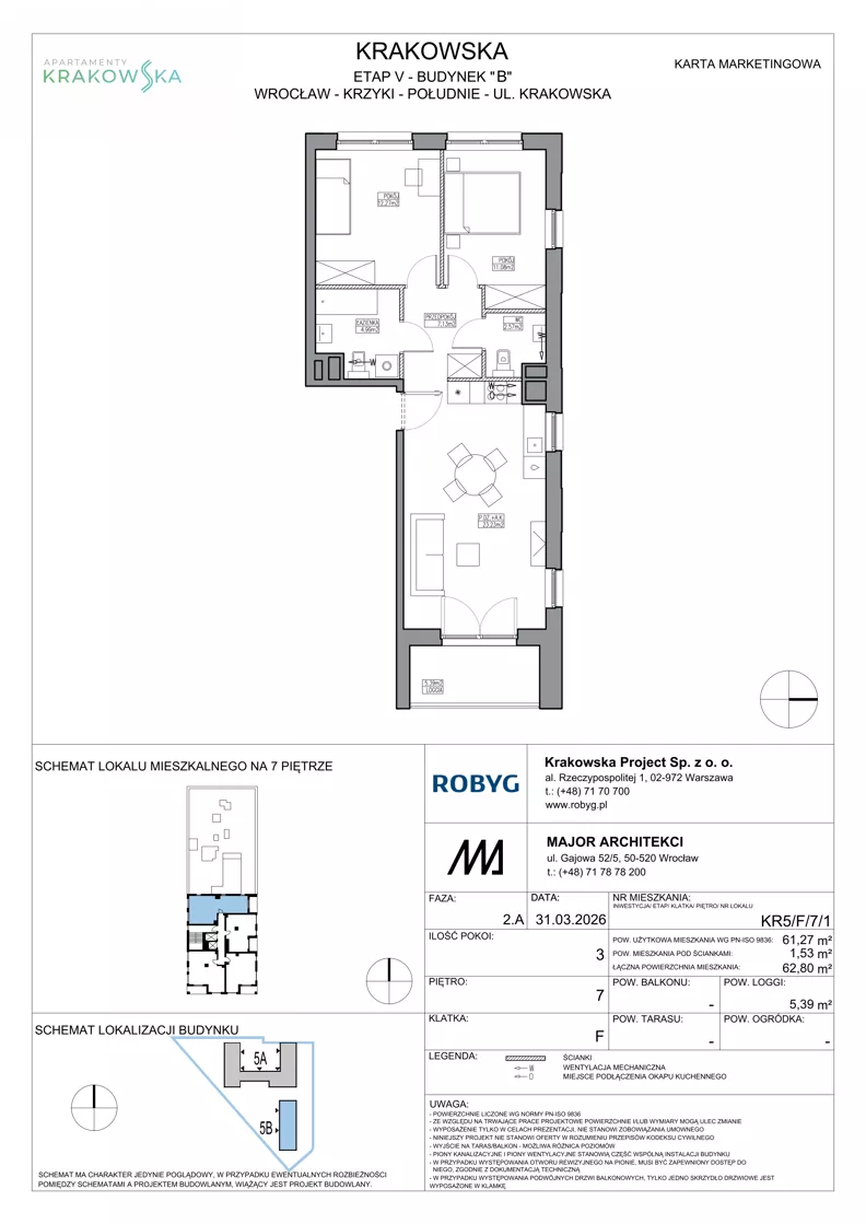 3 pokoje, mieszkanie 61,27 m², piętro 7, oferta nr KR5/F/7/1, Apartamenty Krakowska 5, Wrocław, Przedmieście Oławskie, Krzyki, ul. Krakowska