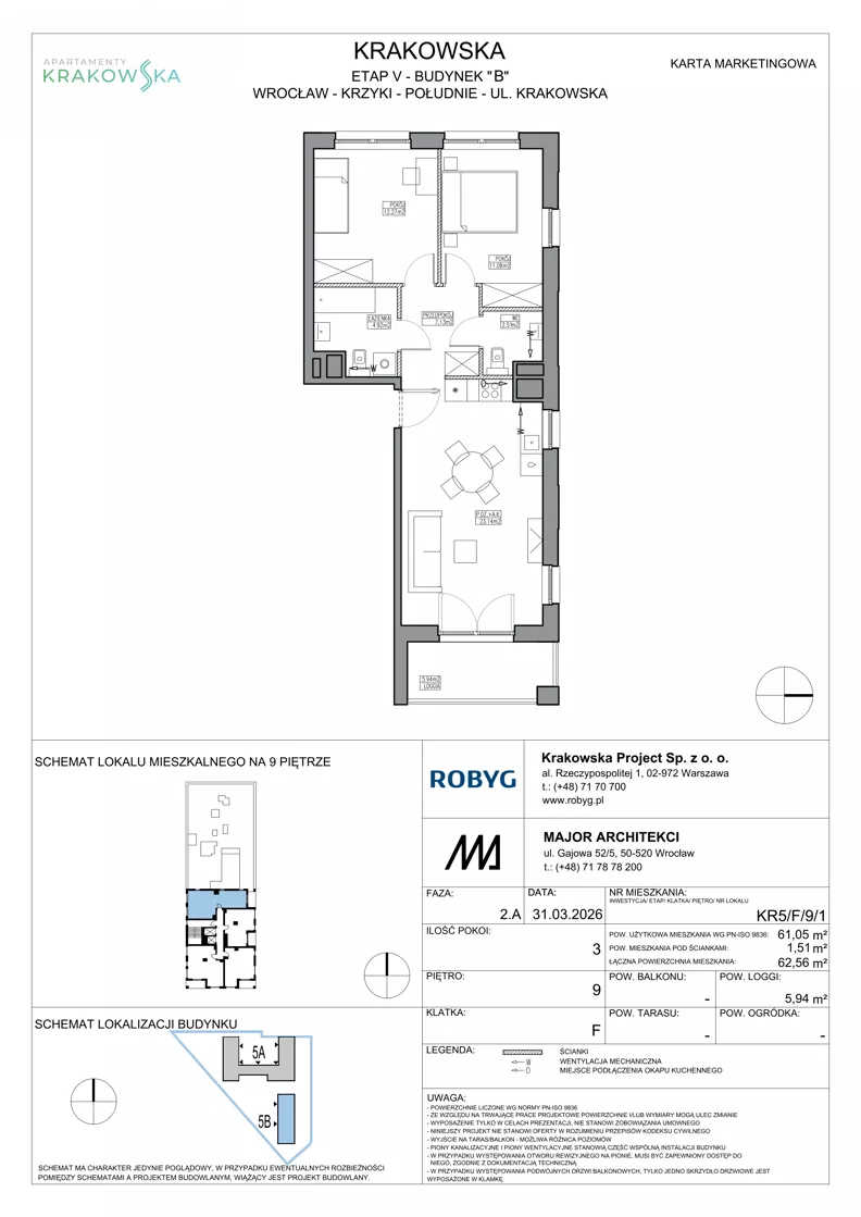 3 pokoje, mieszkanie 61,05 m², piętro 9, oferta nr KR5/F/9/1, Apartamenty Krakowska 5, Wrocław, Przedmieście Oławskie, Krzyki, ul. Krakowska