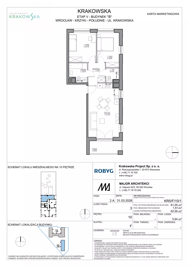 3 pokoje, mieszkanie 61,05 m², piętro 10, oferta nr KR5/F/10/1, Apartamenty Krakowska 5, Wrocław, Przedmieście Oławskie, Krzyki, ul. Krakowska